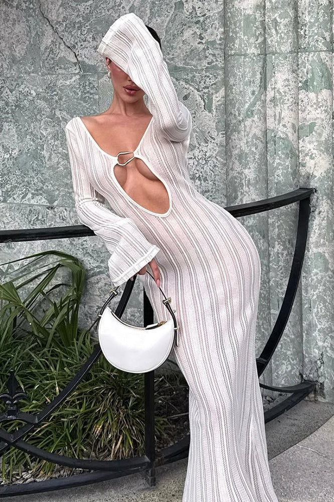 Deep V-Neck O-Ring Keyhole Plisse Flare Cuff Backless Maxi Sweater Dress