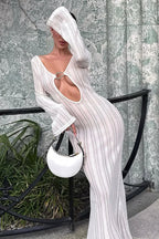Deep V-Neck O-Ring Keyhole Plisse Flare Cuff Backless Maxi Sweater Dress