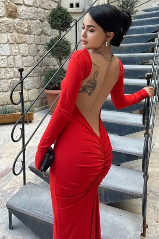 Long Sleeve Backless Bodycon With Side Slit Dress
