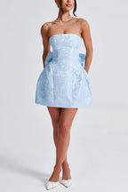 Strapless Jacquard Floral Bow Back Fit and Flare Mini Dress