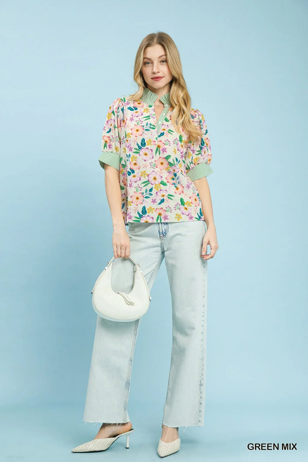 Umgee Floral Print Jacquard Ruffle Top