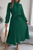 Mock Neck Lantern Sleeve Belted Pleated A-Line Midi Dress