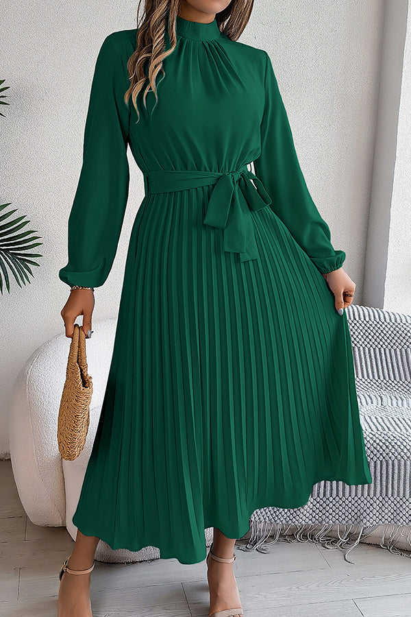 Mock Neck Lantern Sleeve Belted Pleated A-Line Midi Dress