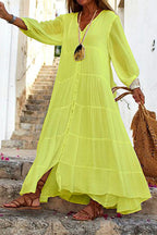 Button Front V-Neck Long Sleeve Tiered Linen Blend Maxi Dress
