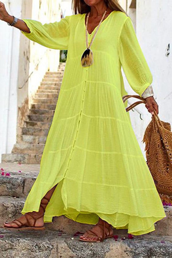 Button Front V-Neck Long Sleeve Tiered Linen Blend Maxi Dress