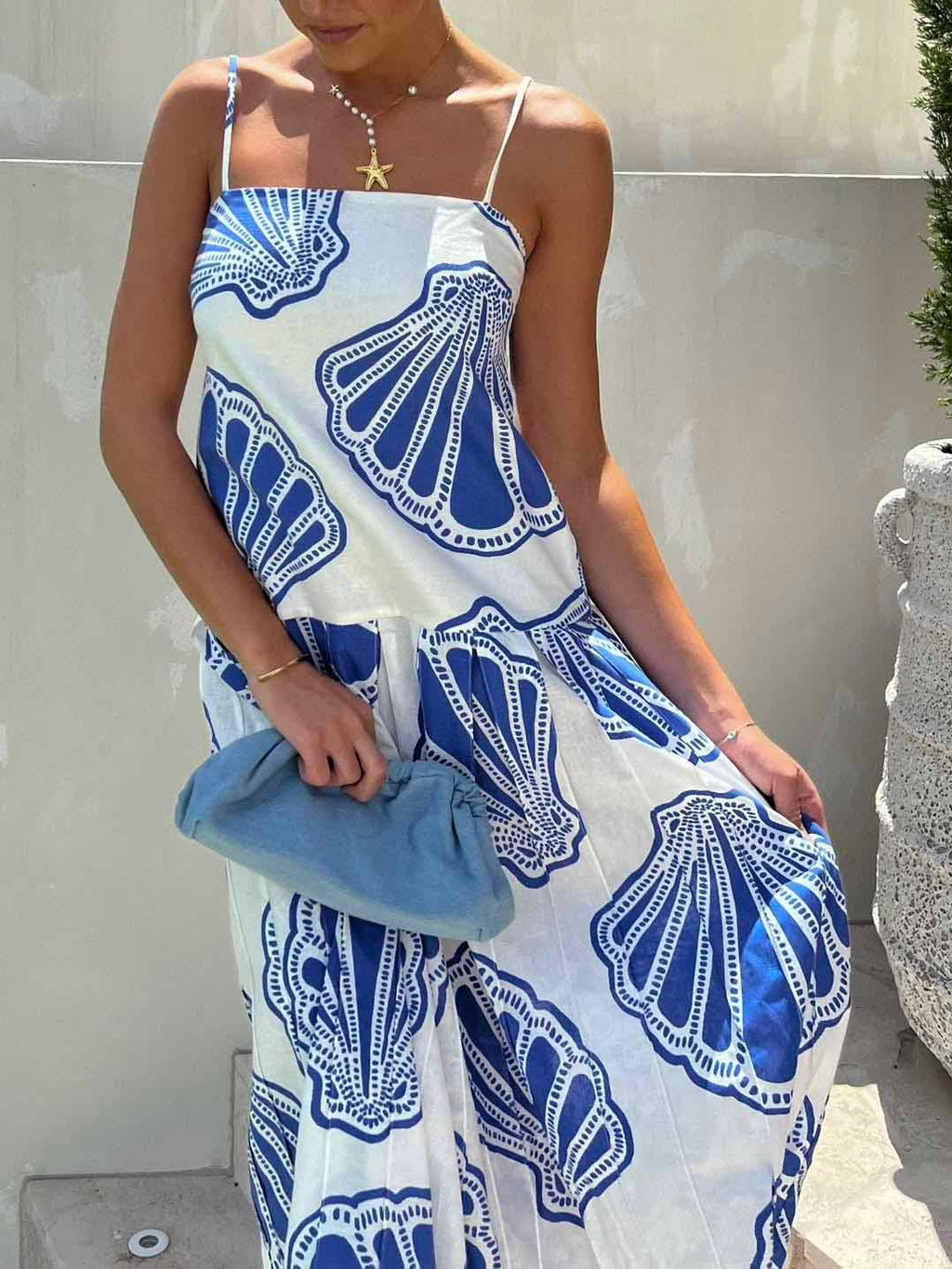 Seashell Print Square Neck Spaghetti Strap Flowy Maxi Dress