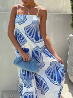 Seashell Print Square Neck Spaghetti Strap Flowy Maxi Dress