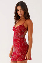 Floral Embroidered Beaded Mesh Spaghetti Strap Sweetheart Bodycon Mini Dress