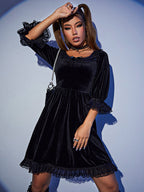 Velvet Square Neck Lace Trim Bell Sleeve Ruffle Hem Babydoll Mini Dress