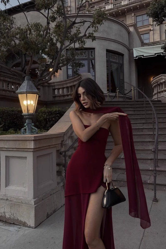 Strapless Structured Bodice Choker Neck Layered Sheer Chiffon Maxi Dress