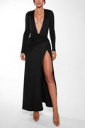 Sexy Deep V Neck Long Sleeve Slit Formal Dress