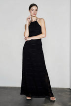Chiffon Halter Neck Horizontal Tiered Ruched Maxi Dress