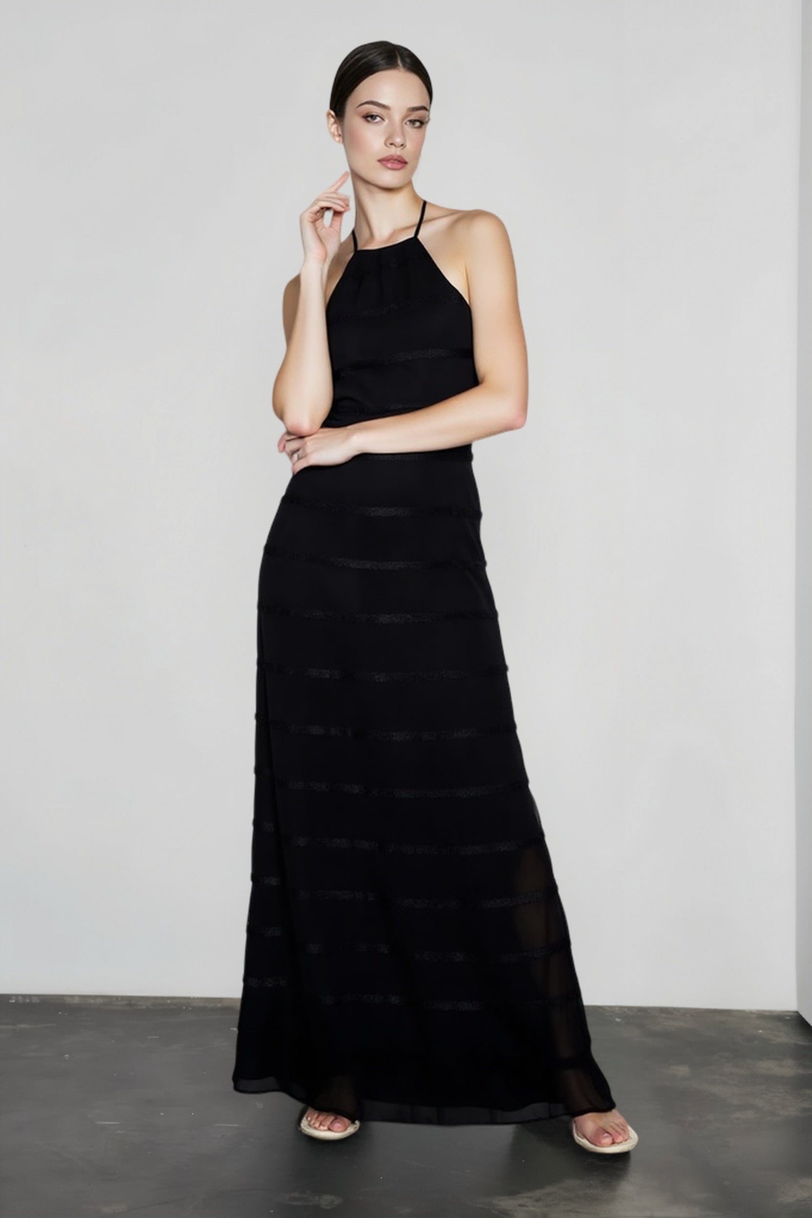 Chiffon Halter Neck Horizontal Tiered Ruched Maxi Dress
