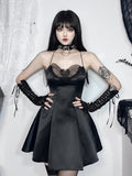Satin Halter Neck Butterfly Mesh Cut Out Pleated A-Line Mini Dress