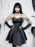 Satin Halter Neck Butterfly Mesh Cut Out Pleated A-Line Mini Dress