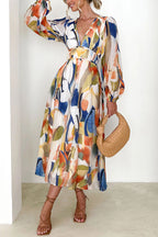 Abstract Watercolor Print Deep V-Neck Lantern Sleeve Smocked Waist Midi Dress