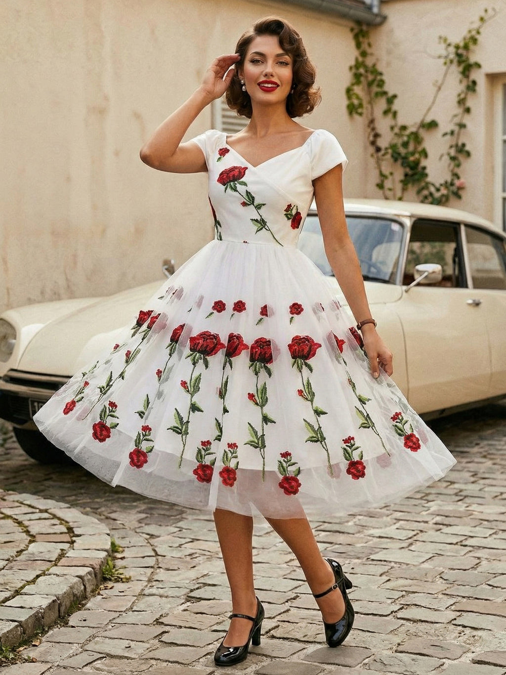 Rose Embroidered Vintage Midi Swing Dress for Women - 1950s Off Shoulder Style A-Line - Summer Tea Party 2026