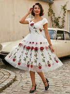 Rose Embroidered Vintage Midi Swing Dress for Women - 1950s Off Shoulder Style A-Line - Summer Tea Party 2026