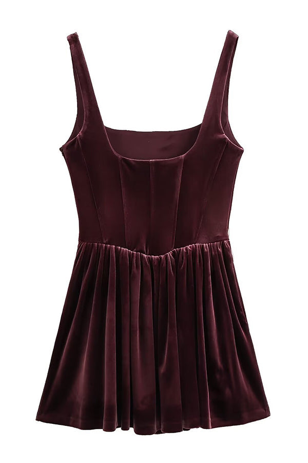 Velvet Square Neck Corset Seam Gathered Fit and Flare Mini Dress