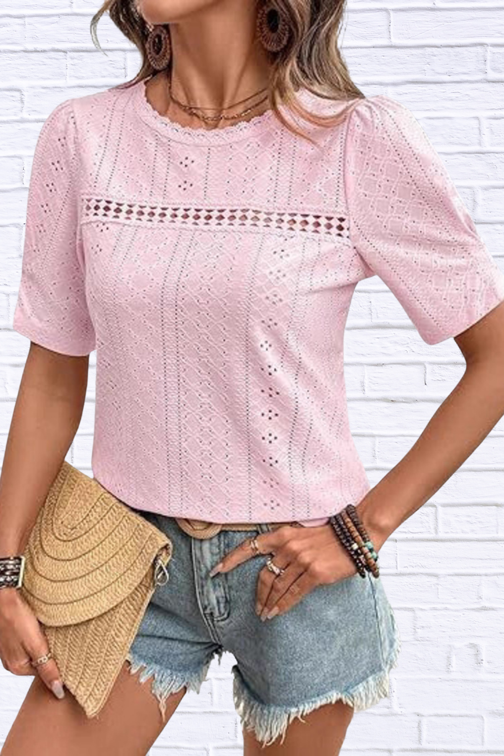 Eyelet Lace Detail Short Sleeve Blouse