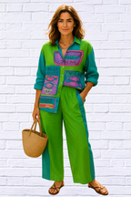 Fun, Bold, Eye-Catching Long Sleeved Elastic Waist Pants Set _ Lime Green and Turquoise