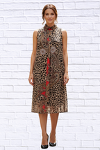 Animal and Paisley Print Sleeveless Maxi Dress _ High Neck Bow Detail Flowy Woven Dress