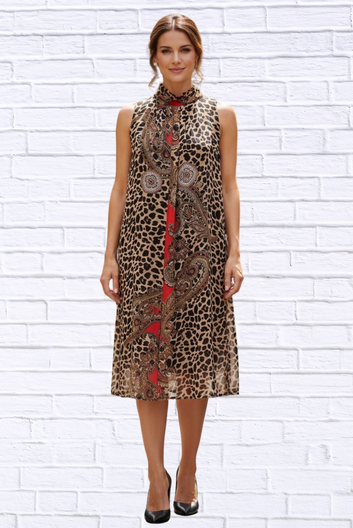 Animal and Paisley Print Sleeveless Maxi Dress _ High Neck Bow Detail Flowy Woven Dress