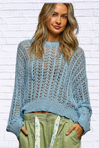POL Openwork Round Neck High Low Knit Top