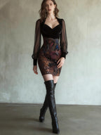 Mesh Splicing Printed Hip-hugging Mini&Short Dresses