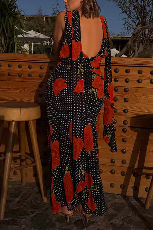 Cowl Neck Backless Floral Print Maxi Dress with Scarf
