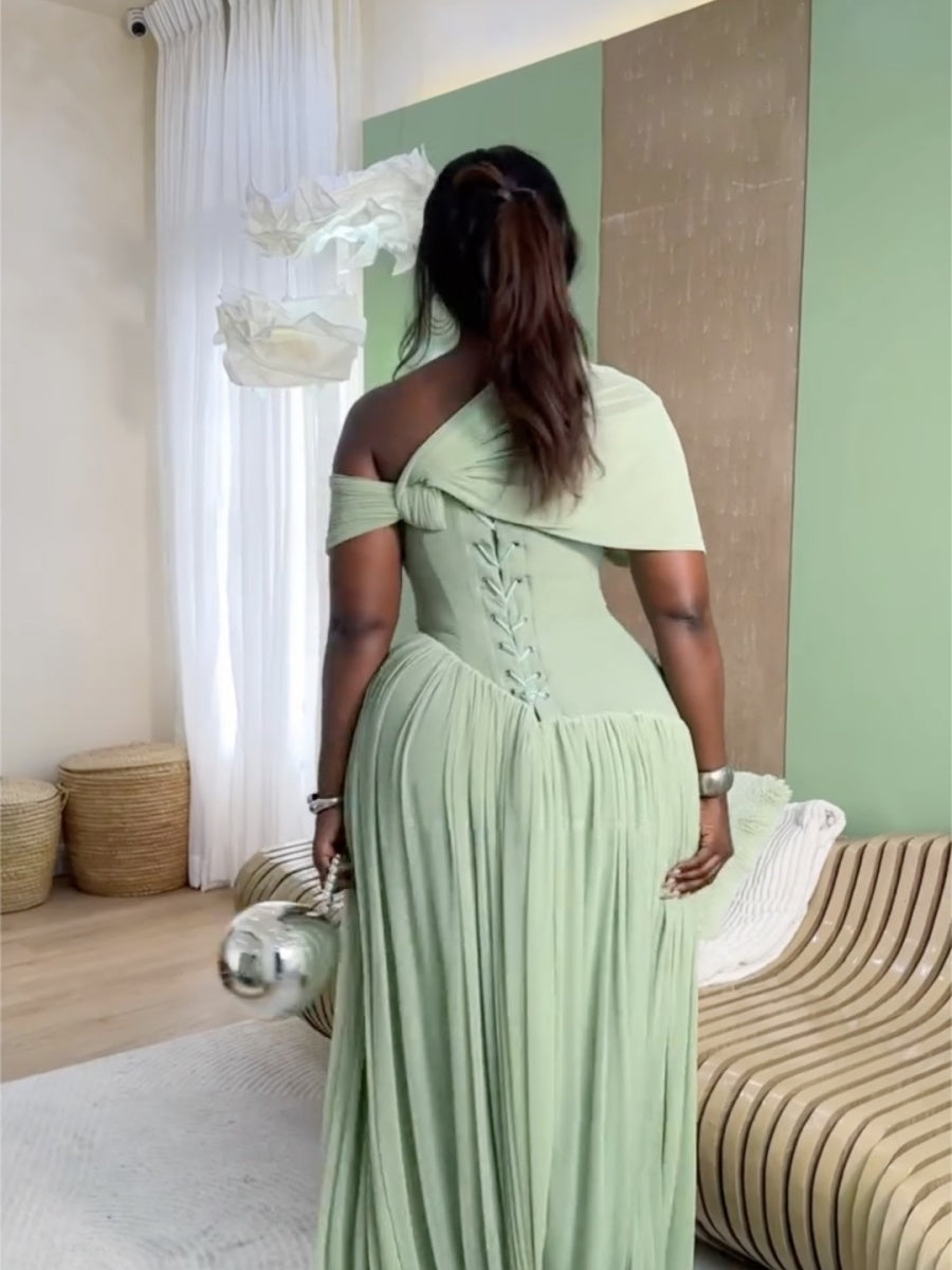 Gathering Crimp Sloping Shoulders Temperament Formal Dress Maxi Dresses