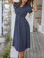 Polka Dots Polo Collar Waist Tie Short Sleeves Maxi Dresses