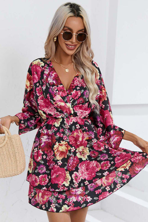 Wrap V Neck Bell Sleeve Tiered Floral Print Mini Dress