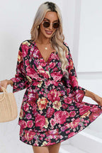 Wrap V Neck Bell Sleeve Tiered Floral Print Mini Dress