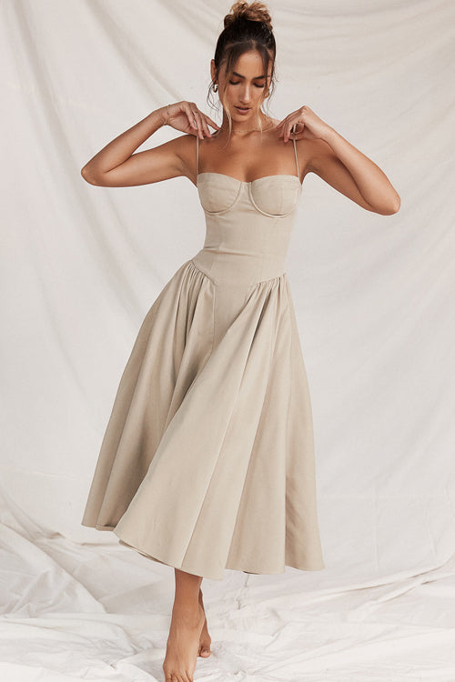 Spaghetti Strap Corset Bodice Box Pleat A-Line Midi Dress