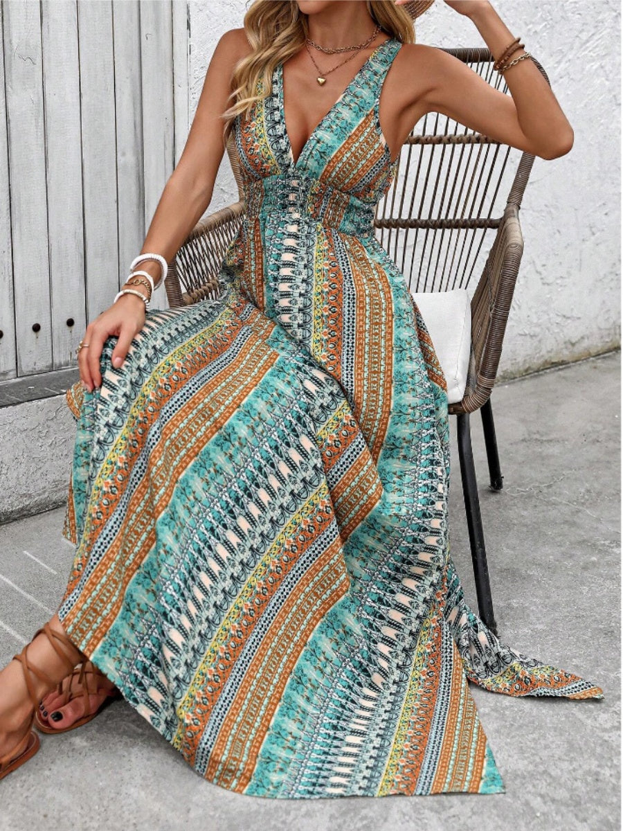 Deep V Sleeveless Backless Beach Smock Vacation And Leisure Maxi Dresses