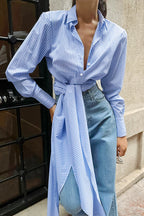 Long Sleeves Tie Waist Striped Blouse Shirt