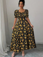 Floral Short Sleeve Square Collar Ruffle Vacation And Leisure Maxi Dresses