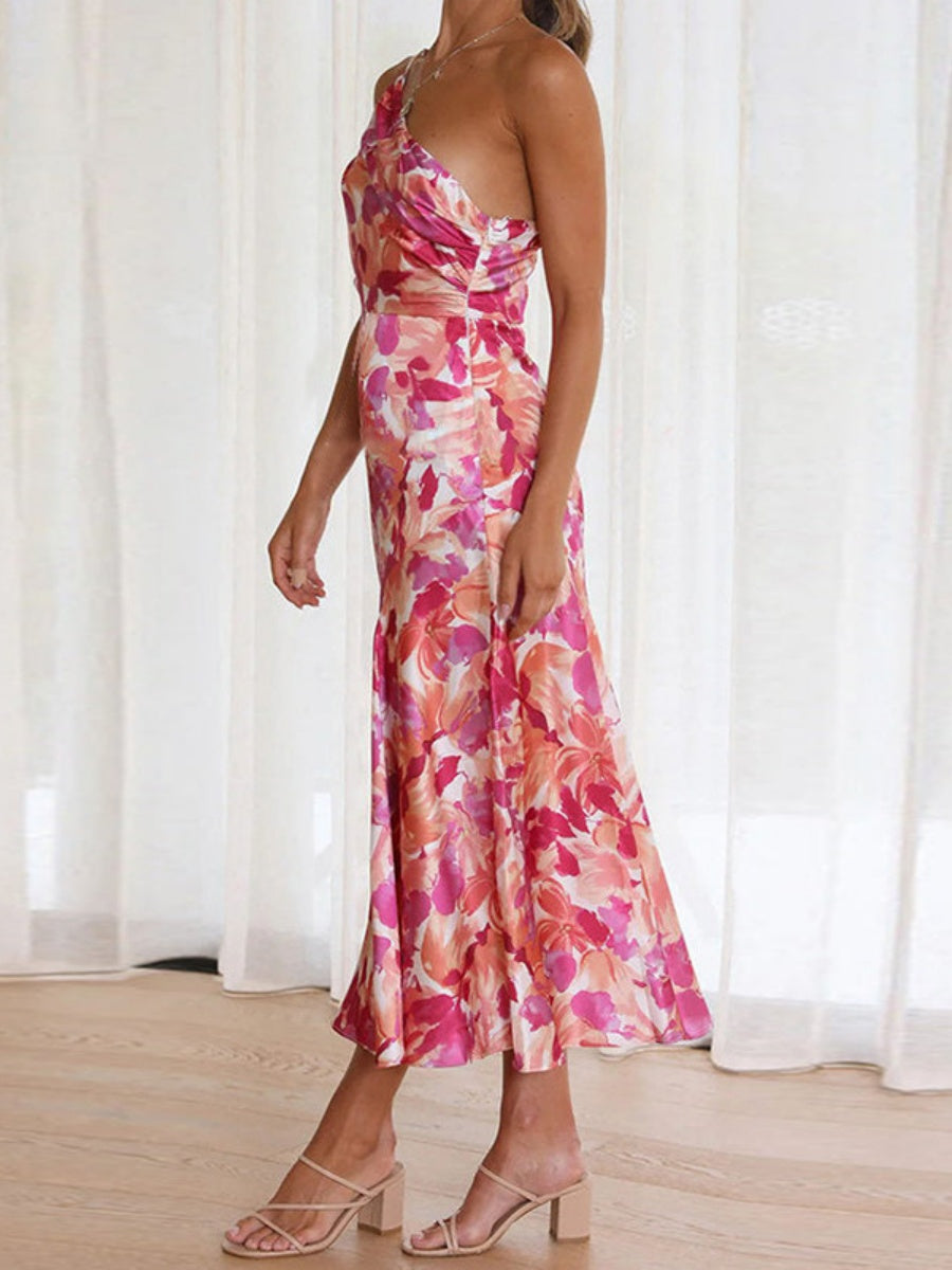 Sloping Shoulders Printed Temperament Fishtail Midi Dresses