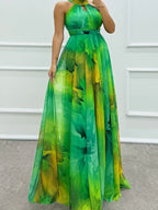 Mesh Printed Halter Formal Dress Maxi Dresses