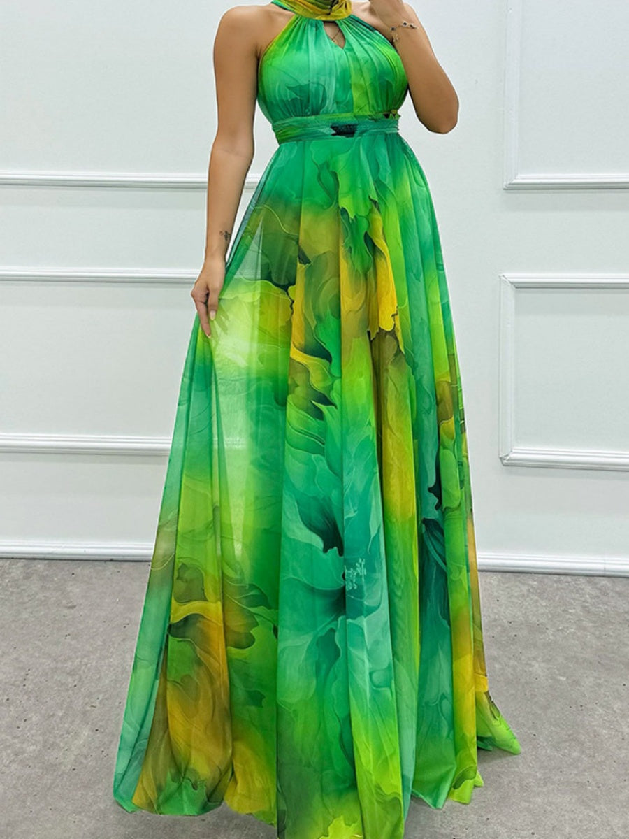 Mesh Printed Halter Formal Dress Maxi Dresses