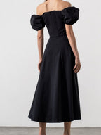 Square Collar Bandage Puff Sleeve Slit Midi Dresses