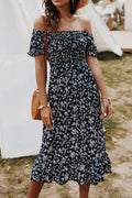 Off Shoulder Smocked Bodice Puff Sleeve Ruffle Hem Floral Midi Dress