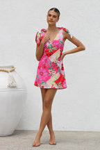 Tie Shoulder Deep V-Neck Patchwork Floral Print Mini Dress