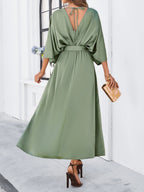 V-neck Tie High-waisted Slit Grace Maxi Dresses