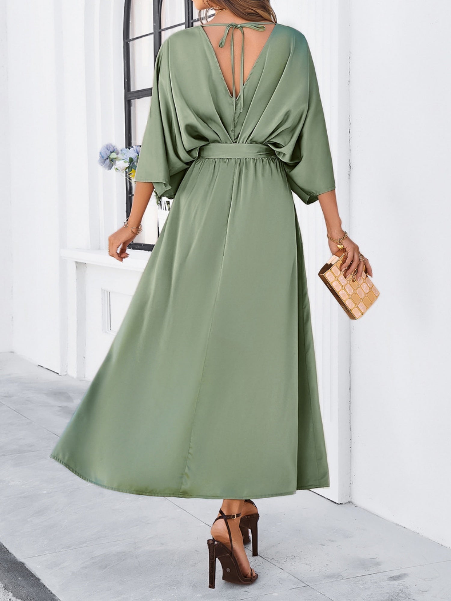 V-neck Tie High-waisted Slit Grace Maxi Dresses