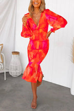 V Neck Long Sleeves Smocked Ruffle Printed Midi Bodycon Dress