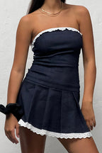 Strapless Eyelet Lace Trim Pleated Drop Waist Mini Dress
