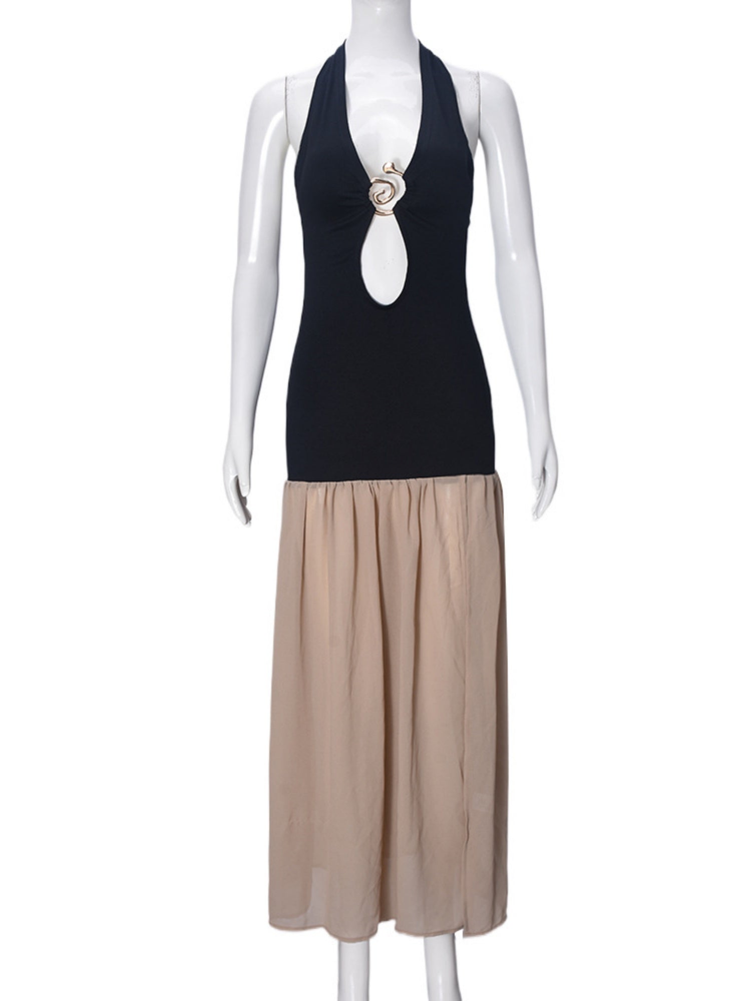 Hollow Out Color Matching Metal Decoration Bra Slit Maxi Dresses
