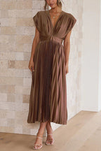 Pleated Satin Deep V-Neck Cap Sleeve Cinched Waist A-Line Midi Dress
